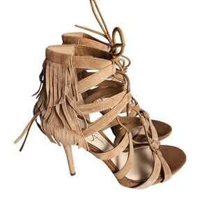 Jessica Simpson JS-Bregan Dakota Tan Lux Kid Suede Fringe Lace-Up Heels Size 8.5